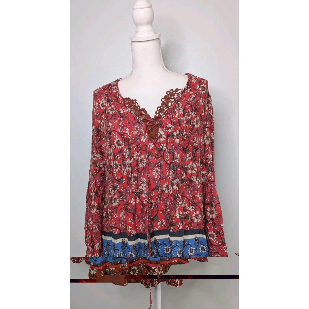 Women's XL Boho Floral V-Neck Blouse Red Long Sleeve Crochet Accent Peasant Top